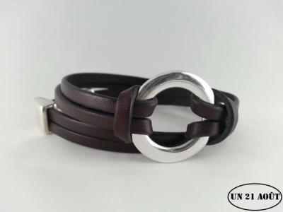 Bracelet cuir deux tours passant anneau 