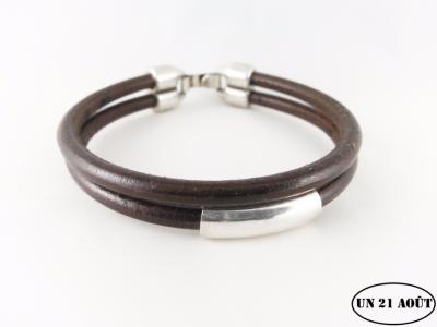 Bracelet cuir rond  0.5 cm X 2, 1 passant argenté