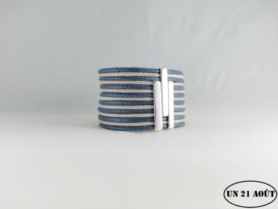 bracelet  coton manchette alterné beige et bleu jean