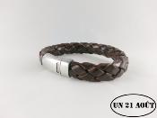 Bracelet homme cuir  tressé marron foncé fermoir acier brillant