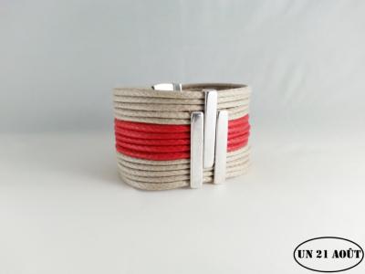 Bracelet femme bicolore coton beige et rouge