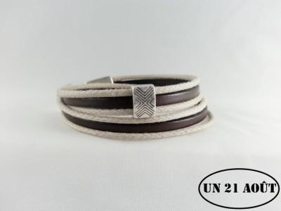 Bracelet homme cuir et coton ciré beige