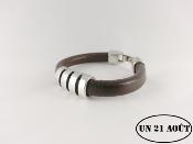 bracelet homme cuir ovale  passant rainuré marron 