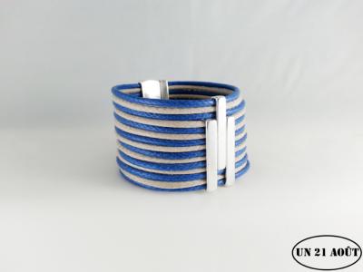 Bracelet femme manchette coton alterné beige et bleu électrique