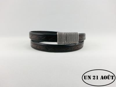 Bracelet homme cuir marron foncé ouvragé deux tours