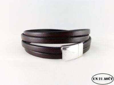 Bracelet cuir marron 2X0.5 cm,  2 tours fermoir lisse