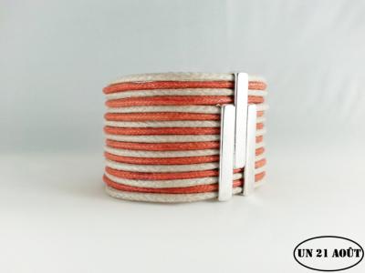 bracelet coton manchette rayée beige et corail