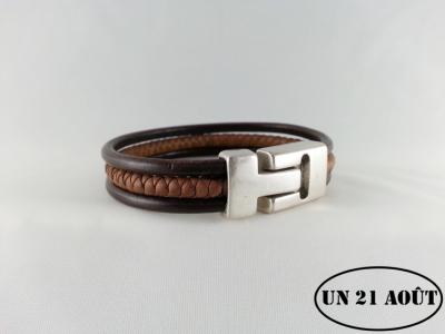 Bracelet cuir homme 2 lisses 1 tressé