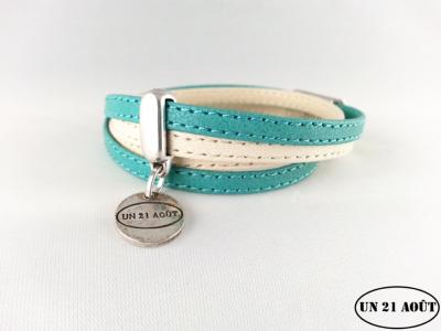 Bracelet femme cuir surpiqué turquoise et crème