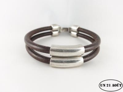 Bracelet cuir rond  0.5 cm X 2 , 2 passants tubes 