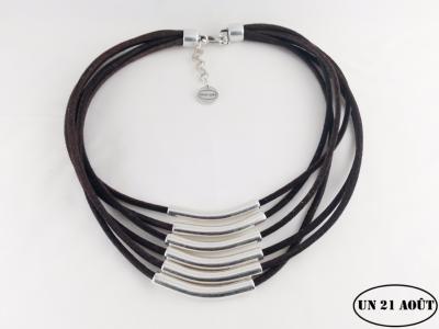 Collier cuir nubuck  noir 6 tubes