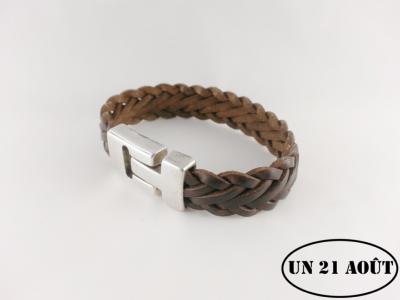 Bracelet homme cuir  1.5 cm tressé plat marron