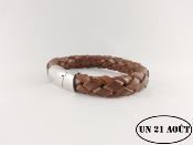 bracelet homme cuir tressé marron clair fermoir magnétique acier brillant