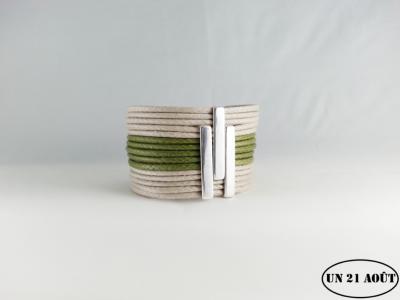 Bracelet femme bicolore coton beige et vert olive