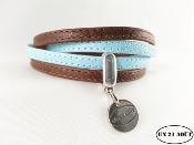 Bracelet femme cuir surpiqué marron chocolat et bleu ciel