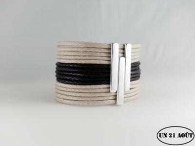 Bracelet  femme bicolore coton beige et noir