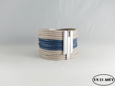 Bracelet femme bicolore coton beige et bleu jean