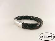 Bracelet homme  cuir tressé noir Fermoir acier brillant 