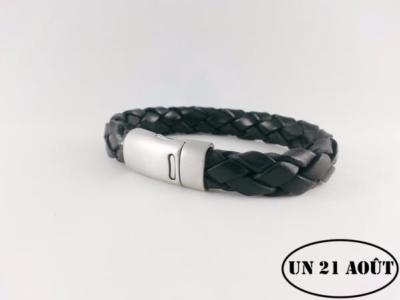 Bracelet homme cuir tressé noir fermoir acier mat