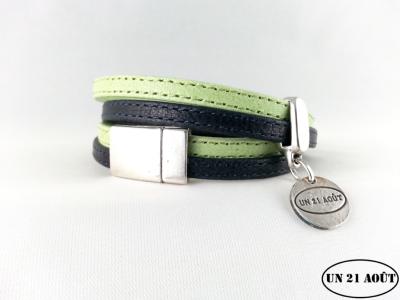 Bracelet en cuir surpiqué vert et noir