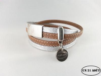 Bracelet femme cuir surpiqué marron et argent 