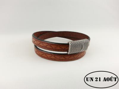 Bracelet homme cuir marron clair ouvragé deux tours